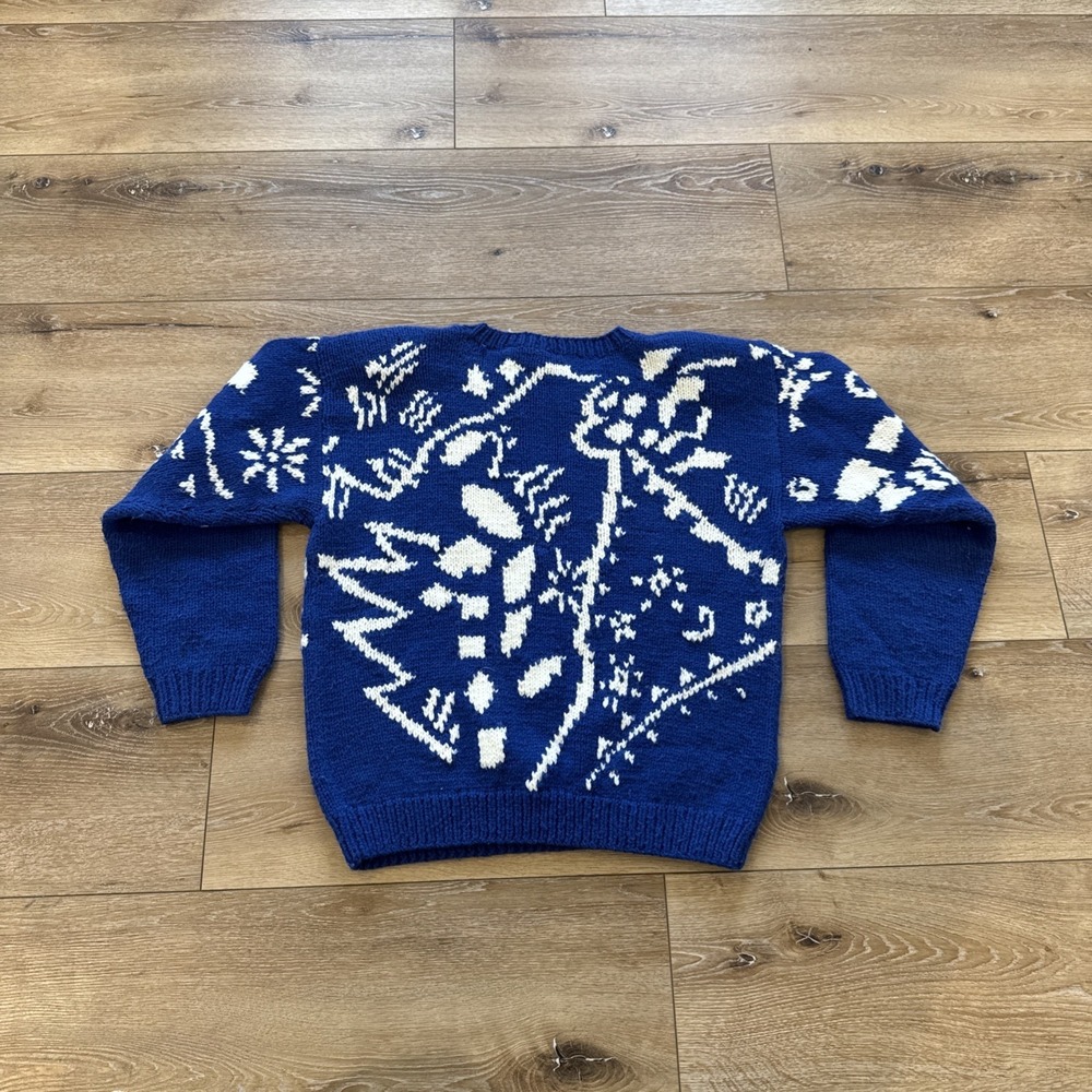 Vintage Country Suburbans Sweater Womens M Blue Acrylic Hand Knit Retro 80s 90s - Picture 2 of 8